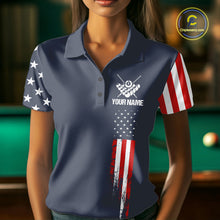 Load image into Gallery viewer, Woman wearing personalized navy American flag 8 ball pool billiard polo shirt front view.