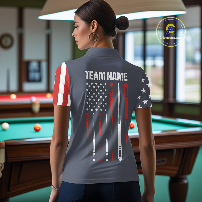 Woman wearing personalized navy American flag 8 ball pool billiard polo shirt back view.