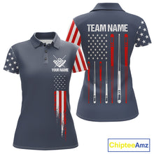 Load image into Gallery viewer, Personalized navy American flag 8 ball pool billiard team jersey polo shirt for women, custom patriotic pool league apparel and tournament jersey.