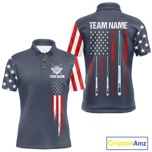 Personalized navy American flag 8 ball pool billiard team jersey polo shirt for men, custom patriotic pool league apparel and tournament jersey.