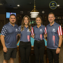 Load image into Gallery viewer, Billiard team wearing matching navy American flag 8 ball pool jerseys front view.
