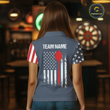 Load image into Gallery viewer, Woman wearing personalized navy American flag darts polo shirt back view.