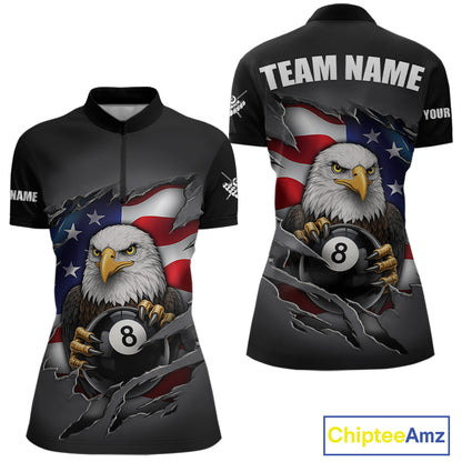 Grey American Flag Eagle 8 Ball Pool Billiard Shirts For Women Custom Patriotic Billiard Team Jersey TDM7169