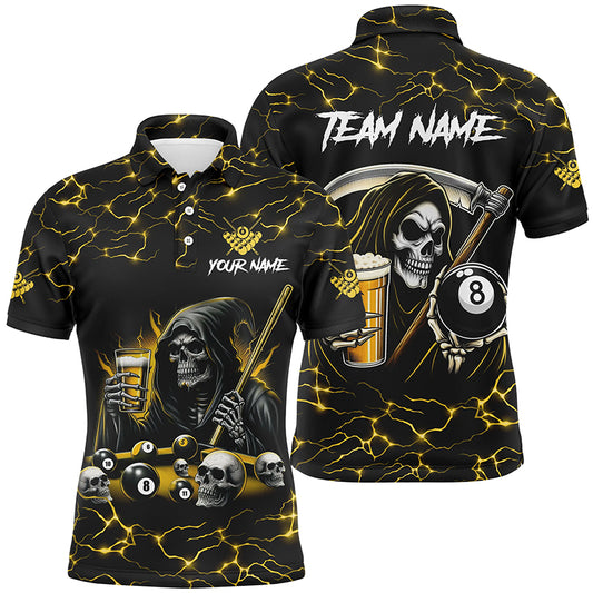 Yellow Funny Grim Reaper & Beer Billiard Shirts For Men Custom 8 Ball Lightning Billiard Jerseys TDM2939