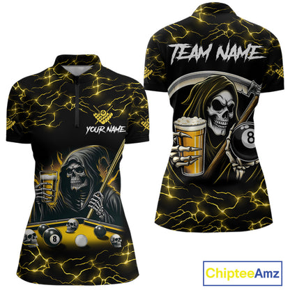 Yellow Funny Grim Reaper & Beer Billiard Shirts For Women Custom 8 Ball Lightning Billiard Jerseys TDM2939