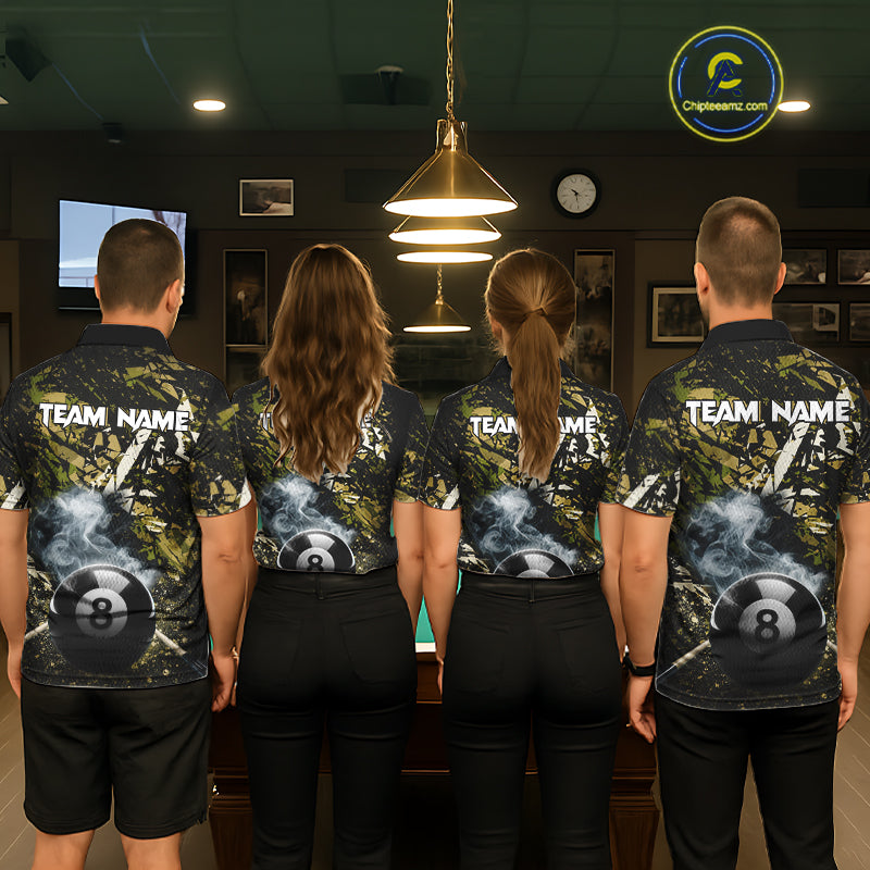 Custom Green Camo 8 Ball Pool Smoke Billiard Shirt For Women, Billiard Team Jersey Polo & 1/4 Zip TDM6032