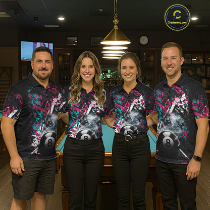 Custom Pink And Teal Camo 8 Ball Smoke Billiard Shirt For Women, Pool Team Jersey Polo & 1/4 Zip TDM6033