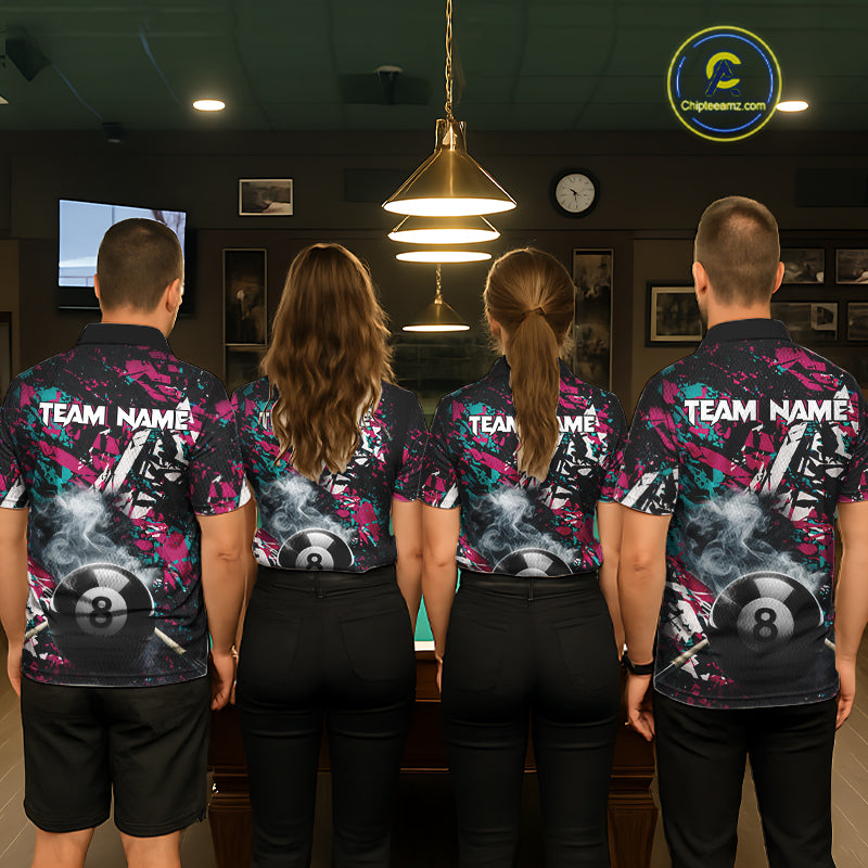 Custom Pink And Teal Camo 8 Ball Smoke Billiard Shirt For Women, Pool Team Jersey Polo & 1/4 Zip TDM6033