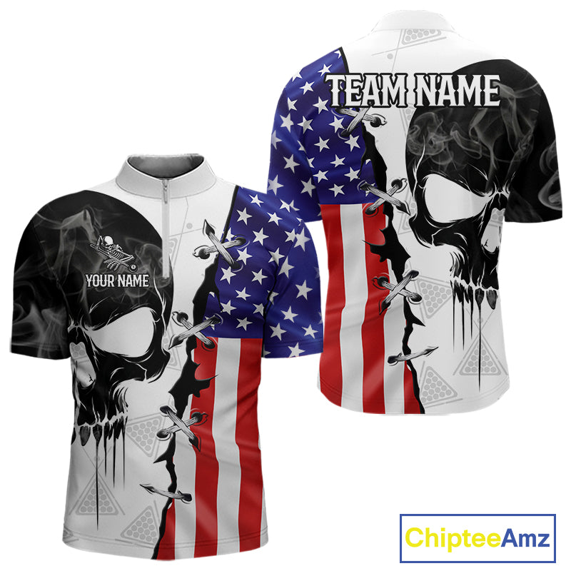 American Flag Smoke Skull Billiard Shirt For Men Custom 8 Ball Pool Team Jersey Polo & 1/4 Zip TDM6285