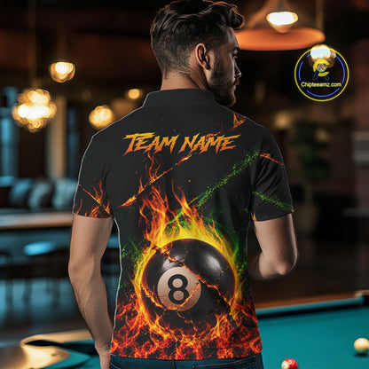 Back view of man wearing a crack fire flame 8 ball pool shirt in a billiards hall.