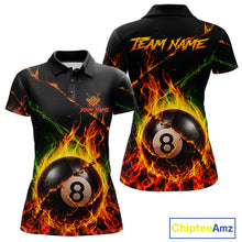 Load image into Gallery viewer, Crack fire flame 8 ball pool billiard polo shirt for women with custom team graphics.