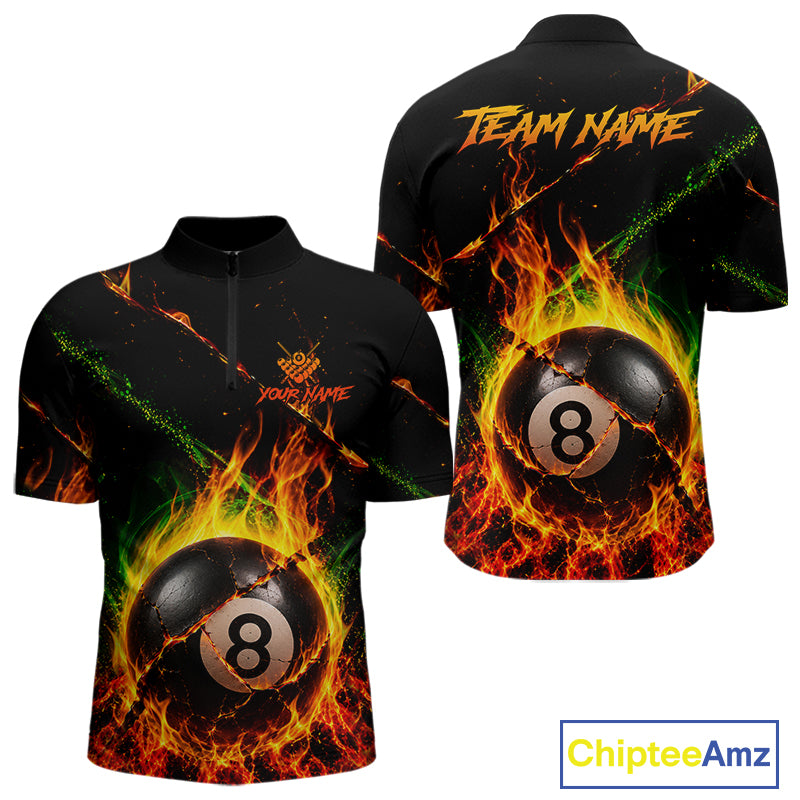 Crack fire flame 8 ball pool billiard quarter zip shirt for men designed for tournaments and league play.
