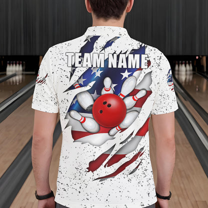 Back view of man wearing a white grunge American flag eagle bowling polo shirt inside a bowling alley.