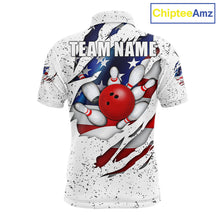 Load image into Gallery viewer, White grunge American flag eagle bowling polo shirt for men with patriotic team graphics.