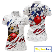 Load image into Gallery viewer, White grunge American flag eagle bowling polo shirt for women with patriotic team graphics.