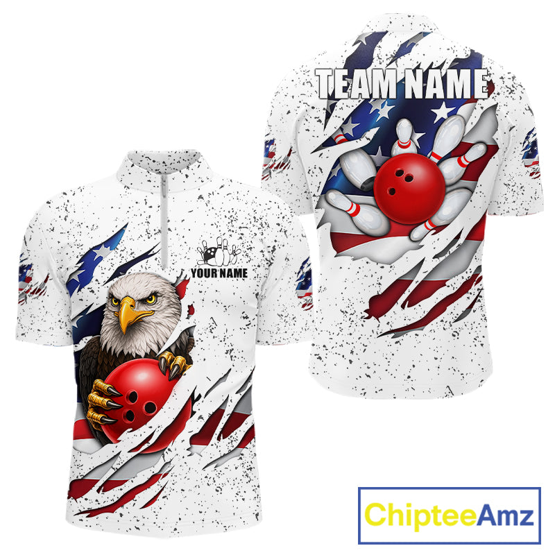 White grunge American flag eagle bowling quarter zip shirt for men designed for league tournaments and team events.