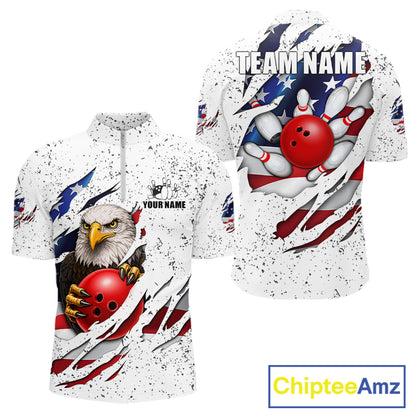 White grunge American flag eagle bowling quarter zip shirt for men designed for league tournaments and team events.