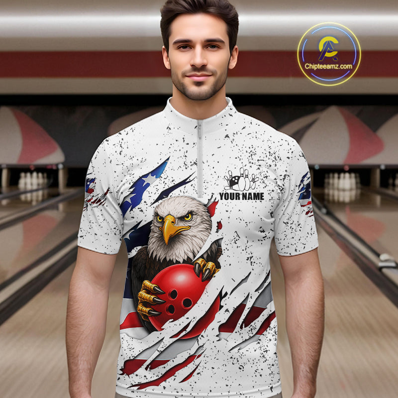 Man wearing a white grunge American flag eagle bowling quarter zip jersey during league competition front view.