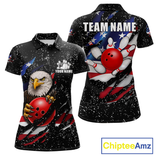 Black grunge American flag eagle bowling polo shirt for women with patriotic team graphics.