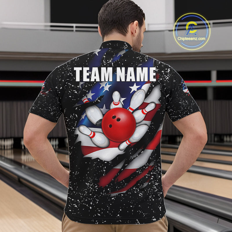 Back view of man wearing a black grunge American flag eagle bowling quarter zip shirt in a bowling alley.
