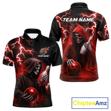 Load image into Gallery viewer, Red grim reaper lightning bowling team jersey polo shirt for men, custom bowling league apparel with skull artwork and bold lightning design.