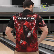 Load image into Gallery viewer, Man wearing red grim reaper lightning bowling quarter zip shirt back view.