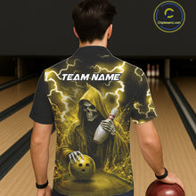 Load image into Gallery viewer, Man wearing yellow grim reaper thunder lightning bowling Hawaiian shirt back view.