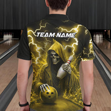 Load image into Gallery viewer, Man wearing yellow grim reaper lightning bowling polo shirt back view.