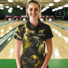 Load image into Gallery viewer, Woman wearing yellow grim reaper lightning bowling polo shirt front view.
