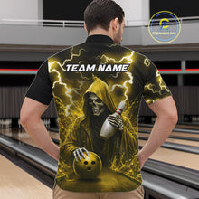 Load image into Gallery viewer, Man wearing yellow grim reaper lightning bowling quarter zip shirt back view.