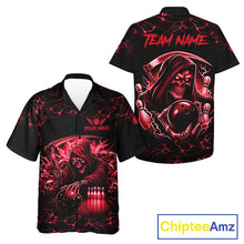 Load image into Gallery viewer, Red grim reaper thunder lightning bowling Hawaiian shirt front and back view for men and women, custom skull bowling league aloha shirt with dramatic red lightning design.