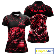 Load image into Gallery viewer, Custom red grim reaper lightning bowling team jersey polo shirt for women, skull bowling league apparel with bold lightning graphics.