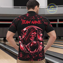 Load image into Gallery viewer, Man wearing custom red grim reaper lightning bowling quarter zip shirt back view.