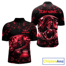 Load image into Gallery viewer, Custom red grim reaper lightning bowling team quarter zip shirt for men, skull bowling league jersey with lightning design.