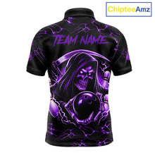 Load image into Gallery viewer, Custom purple grim reaper lightning bowling team jersey polo shirt for men, skull bowling league apparel with bold lightning graphics.