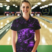 Load image into Gallery viewer, Woman wearing custom purple grim reaper lightning bowling polo shirt front view.