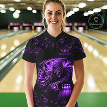 Load image into Gallery viewer, Woman wearing custom purple grim reaper lightning bowling quarter zip shirt front view.