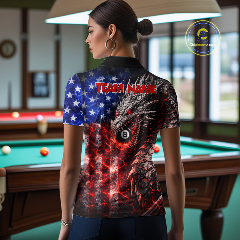 American Flag Dragon 8 Ball Billiard Shirt For Women Custom Lightning Pool Team Jersey Polo, 1/4 Zip TDM6034