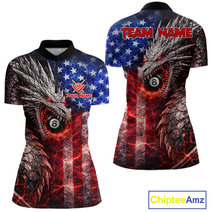 American Flag Dragon 8 Ball Billiard Shirt For Women Custom Lightning Pool Team Jersey Polo, 1/4 Zip TDM6034