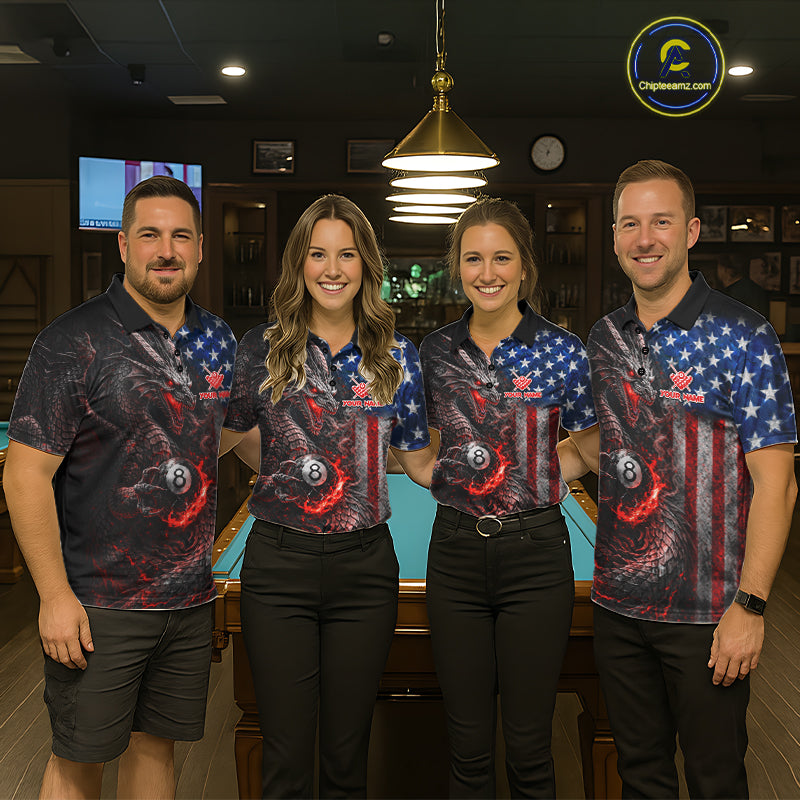 American Flag Dragon 8 Ball Fire Billiard Shirt For Women Custom Pool Team Jersey Polo, 1/4 Zip TDM6035