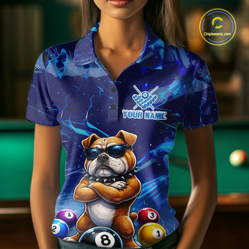 Funny Bulldog Pool Balls Billiard Shirt For Women Custom Billiard Team Jersey Polo & 1/4 Zip |Blue TDM6041