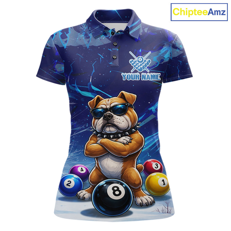 Funny Bulldog Pool Balls Billiard Shirt For Women Custom Billiard Team Jersey Polo & 1/4 Zip |Blue TDM6041