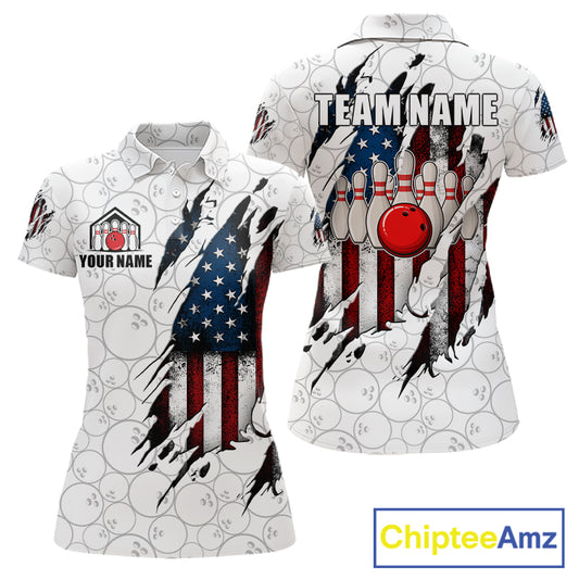 Vintage American flag white bowling polo shirt for women with patriotic team graphics.