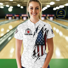 Load image into Gallery viewer, Woman wearing a vintage American flag white bowling quarter zip jersey during league competition front view.
