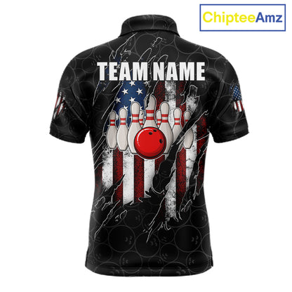 Vintage American flag black bowling polo shirt for men with patriotic team graphics.