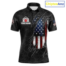 Load image into Gallery viewer, Vintage American flag black bowling polo shirt for men with patriotic team graphics.
