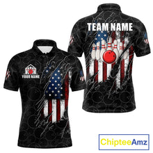 Load image into Gallery viewer, Vintage American flag black bowling polo shirt for men with patriotic team graphics.