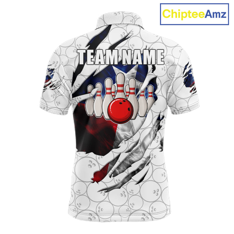Smoke Texas flag white bowling polo shirt for men with patriotic bowling team graphics.
