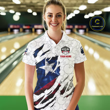 Load image into Gallery viewer, Woman wearing a smoke Texas flag white bowling polo shirt at a bowling alley front view.