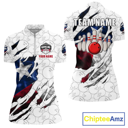 Smoke Texas flag white bowling quarter zip shirt for women designed for tournaments and league competition.